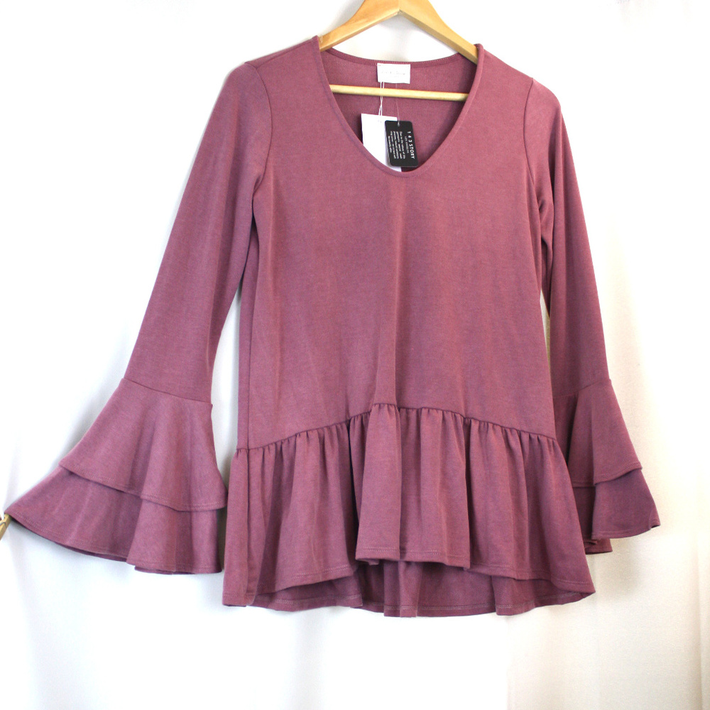 Washed French Terry Boho V-Neck Tunic w Ruffles - Picture 7 of 7
